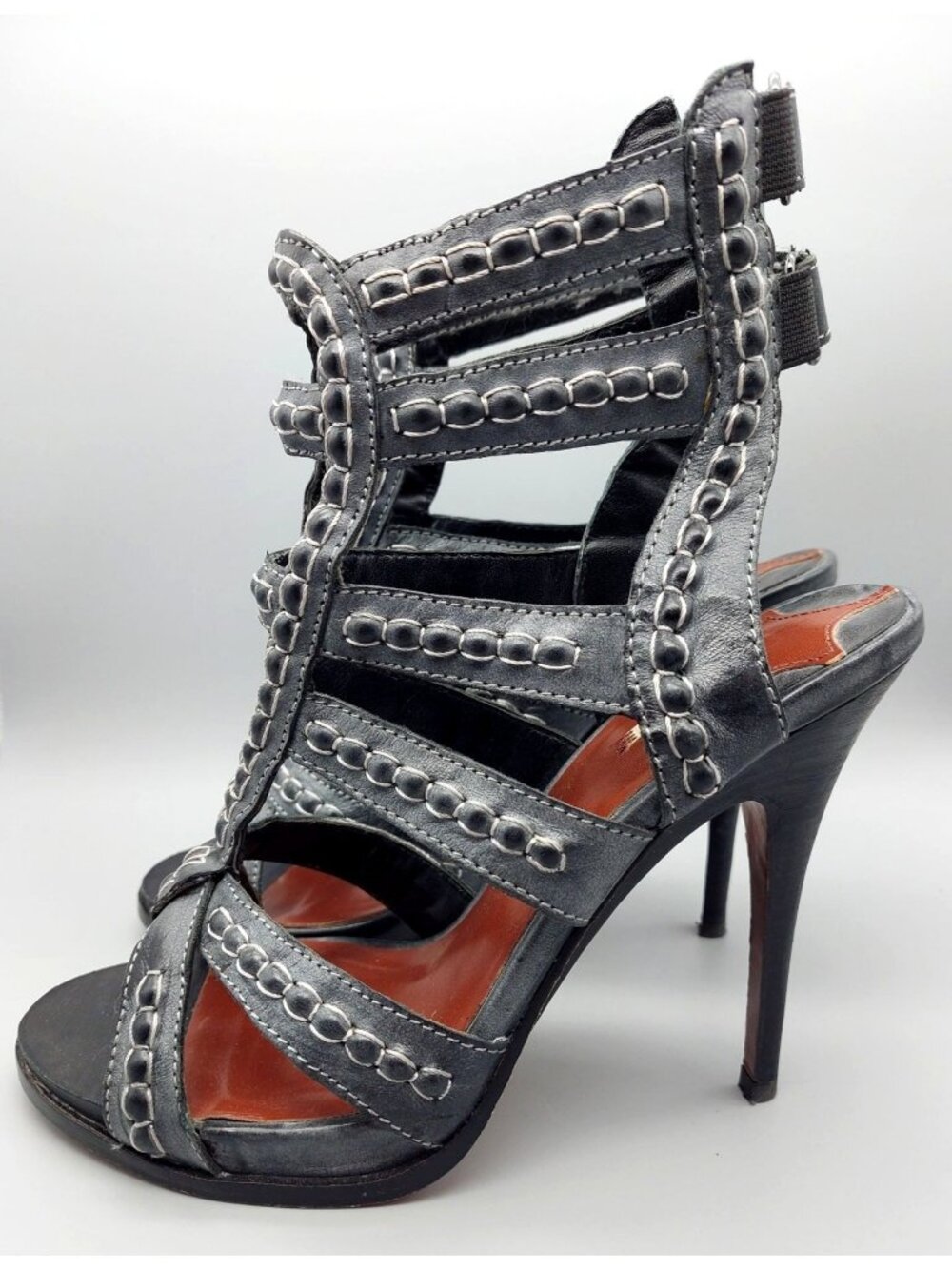 Leon Max All Leather High Heel 4.75" Tall Gray Strappy Shoes Size 8M Sexy